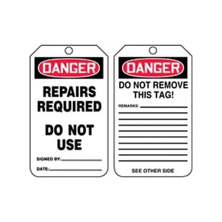 Accuform Safety Tags, DANGER REPAIRS REQUIRED DO NOT USE, 5.75in x 3.25in, RP-Plastic, 25PK MDT015PTP